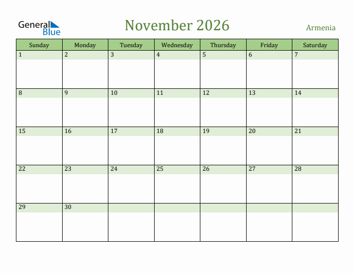 November 2026 Calendar with Armenia Holidays