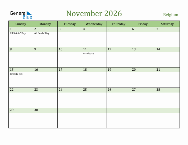 November 2026 Calendar with Belgium Holidays
