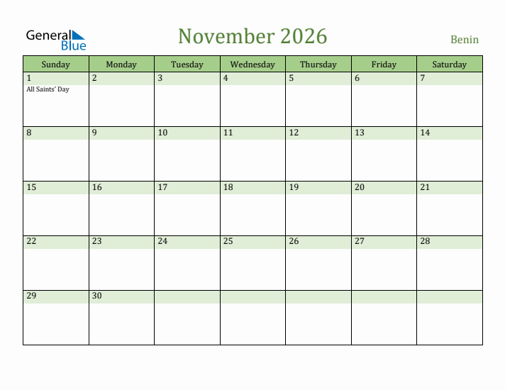 November 2026 Calendar with Benin Holidays