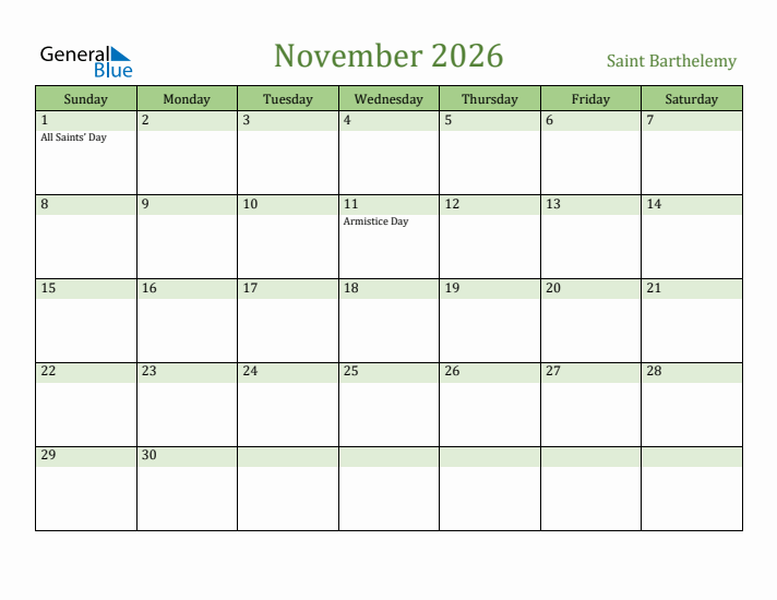 November 2026 Calendar with Saint Barthelemy Holidays