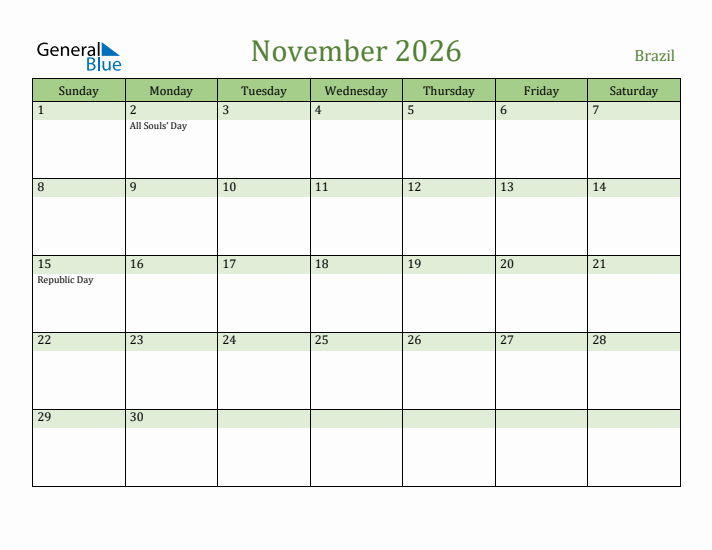 November 2026 Calendar with Brazil Holidays