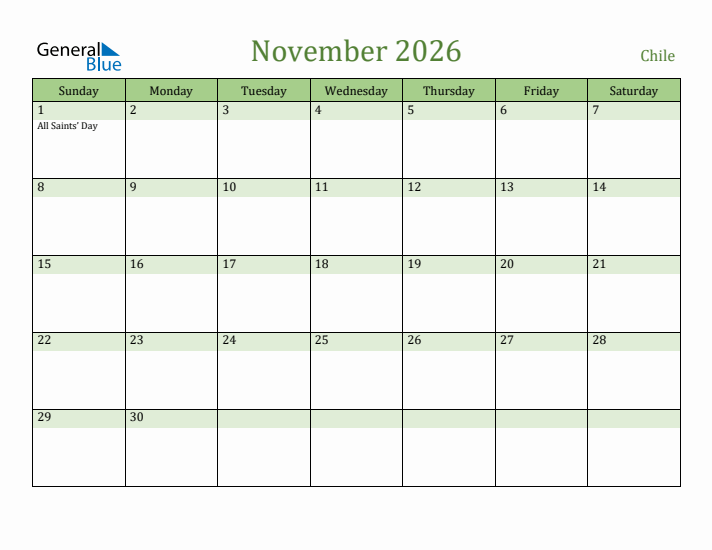 November 2026 Calendar with Chile Holidays