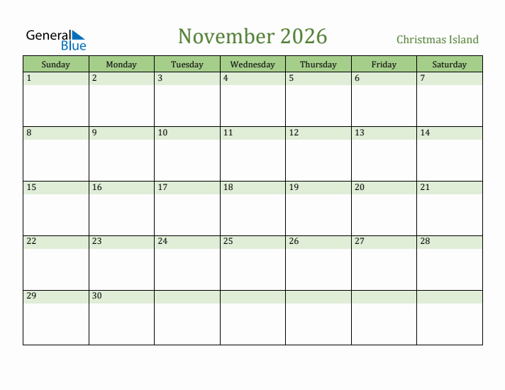 November 2026 Calendar with Christmas Island Holidays