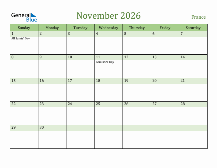 November 2026 Calendar with France Holidays
