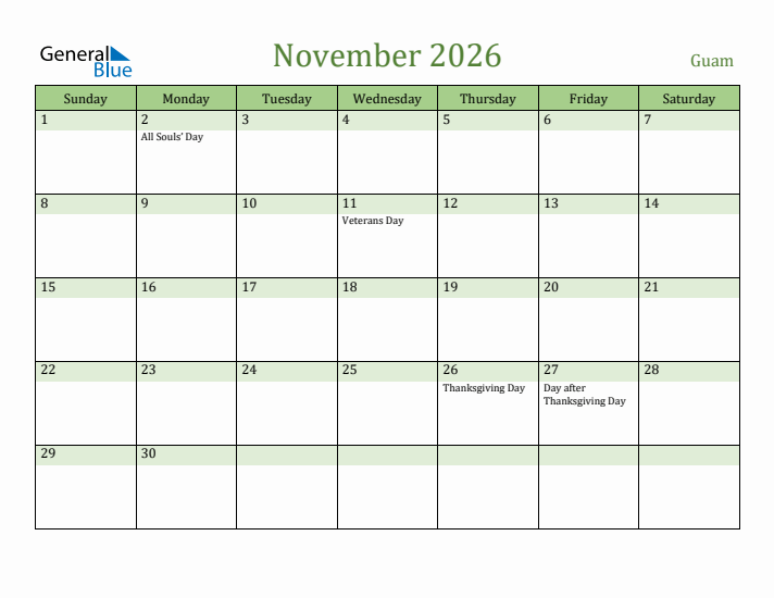 November 2026 Calendar with Guam Holidays
