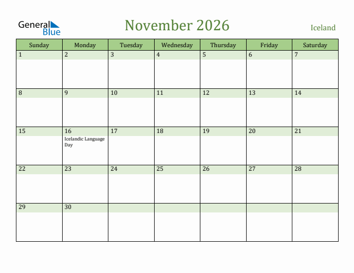 November 2026 Calendar with Iceland Holidays