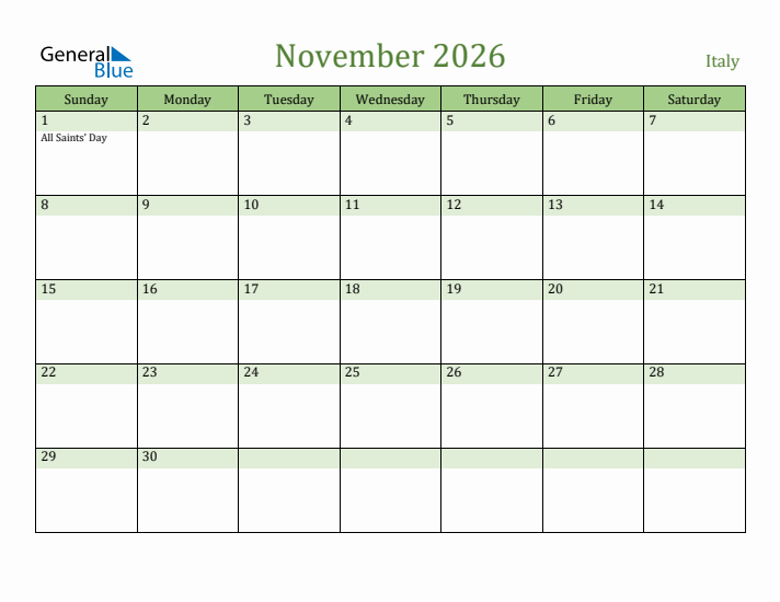 November 2026 Calendar with Italy Holidays