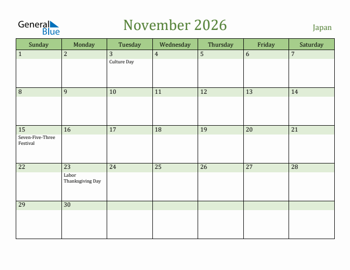 November 2026 Calendar with Japan Holidays