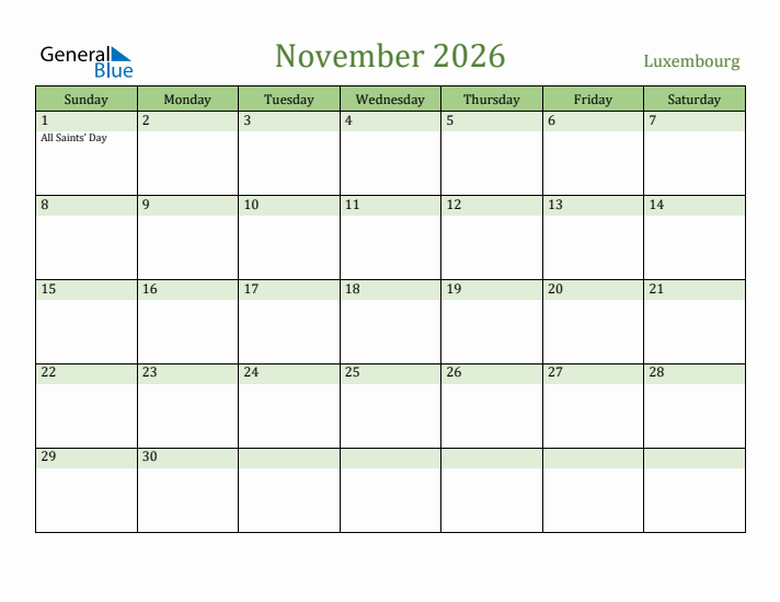 November 2026 Calendar with Luxembourg Holidays