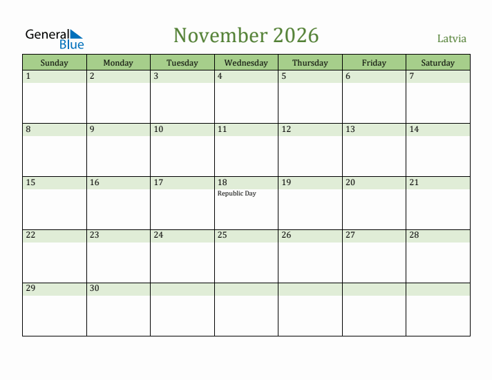 November 2026 Calendar with Latvia Holidays