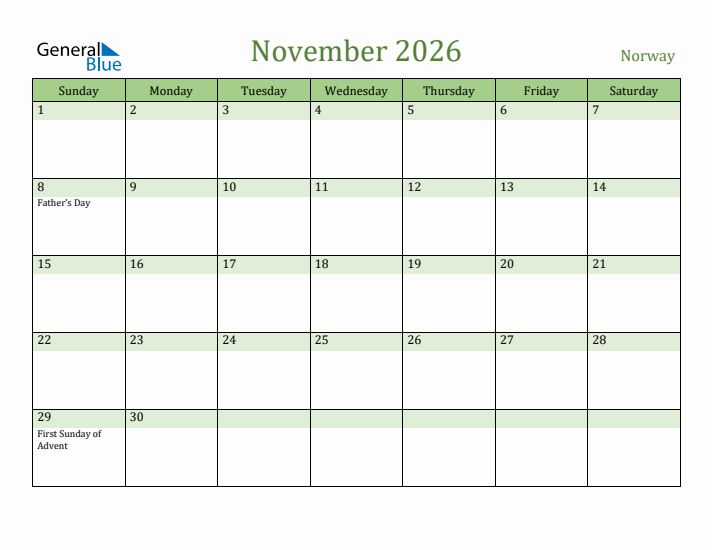 November 2026 Calendar with Norway Holidays