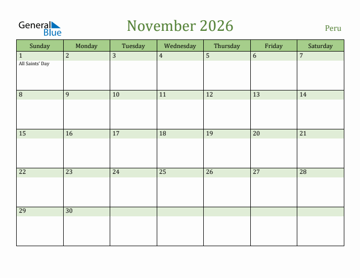 November 2026 Calendar with Peru Holidays