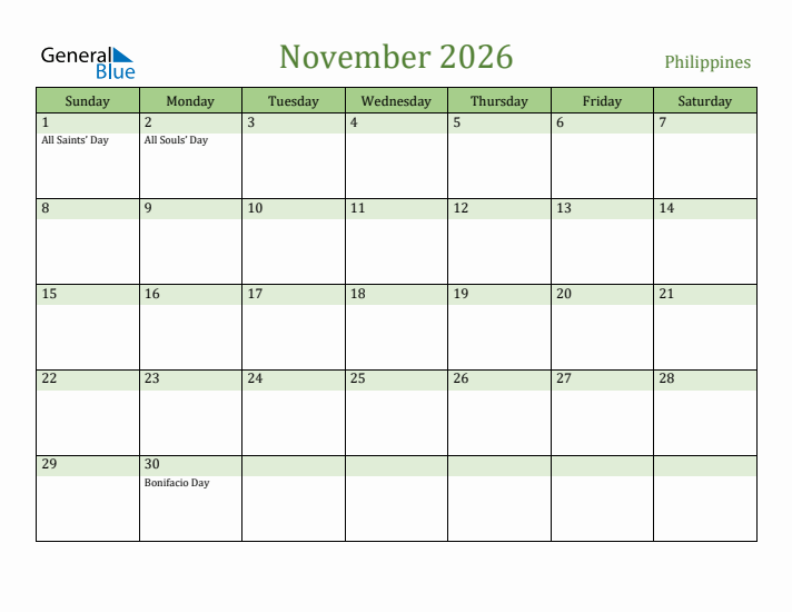 November 2026 Calendar with Philippines Holidays