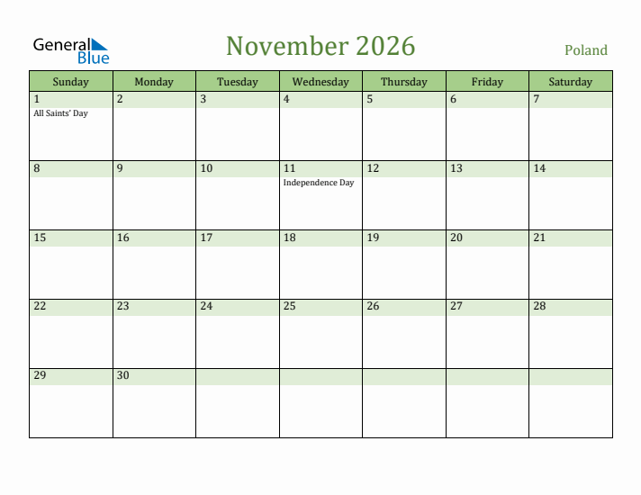 November 2026 Calendar with Poland Holidays