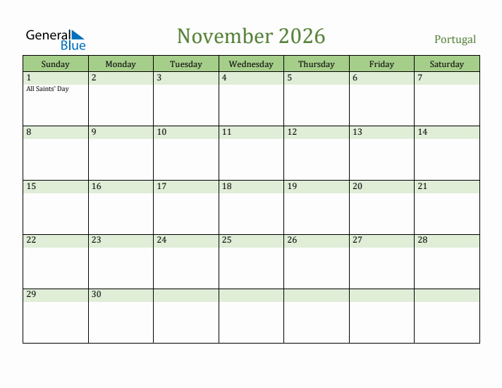 November 2026 Calendar with Portugal Holidays