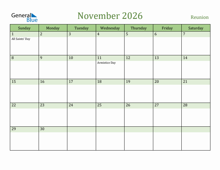 November 2026 Calendar with Reunion Holidays