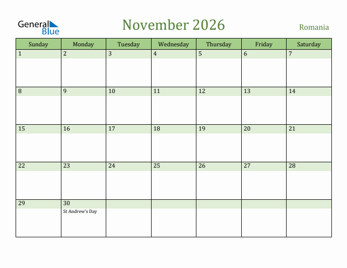 November 2026 Calendar with Romania Holidays