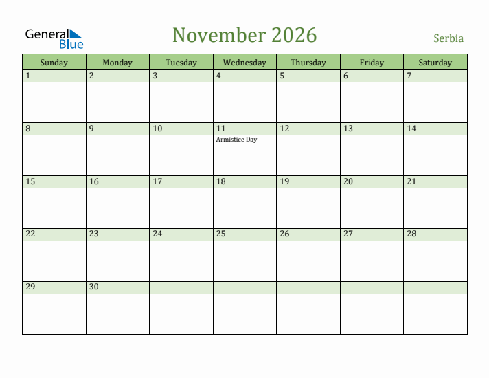November 2026 Calendar with Serbia Holidays