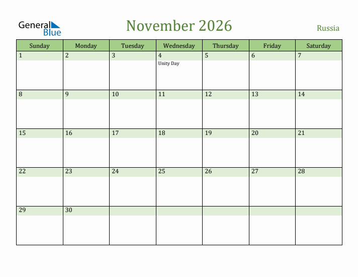 November 2026 Calendar with Russia Holidays