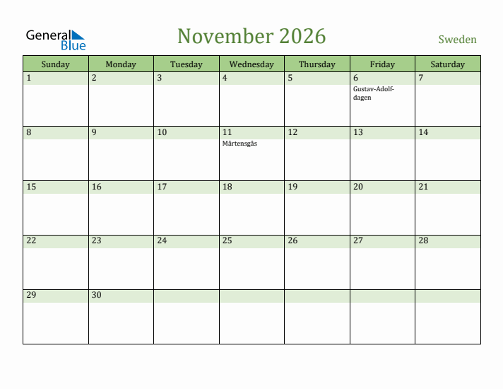 November 2026 Calendar with Sweden Holidays