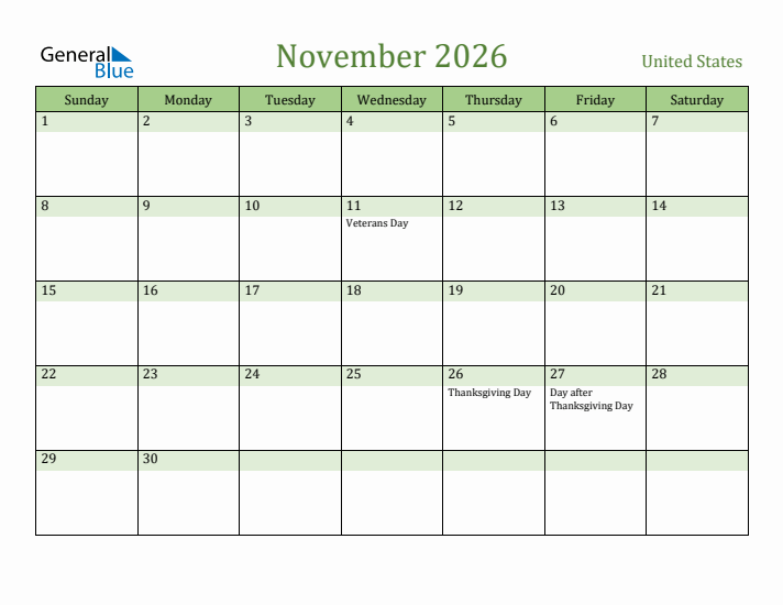 November 2026 Calendar with United States Holidays