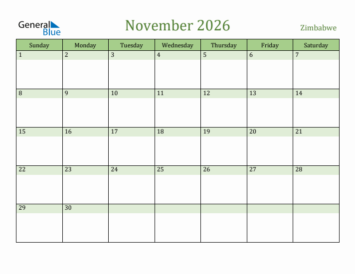 November 2026 Calendar with Zimbabwe Holidays