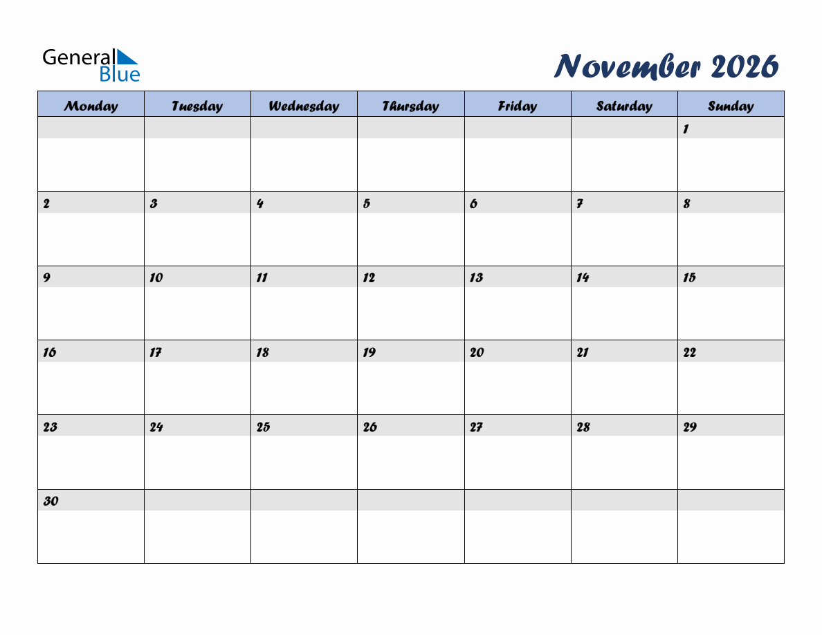 Free November 2026 Monthly Editable Calendar, starting on Monday