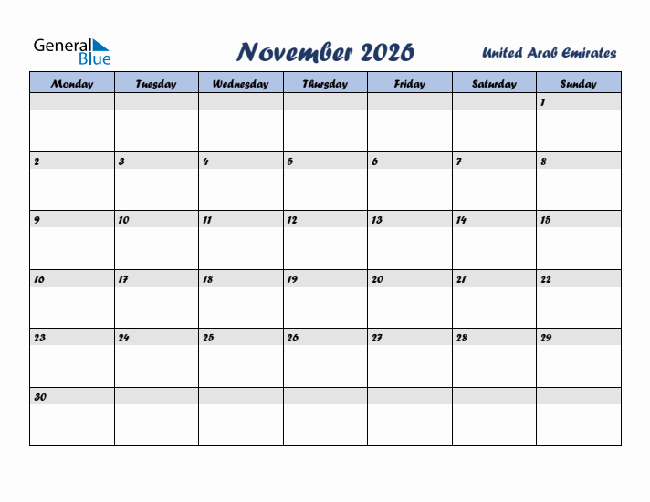 November 2026 Calendar with Holidays in United Arab Emirates