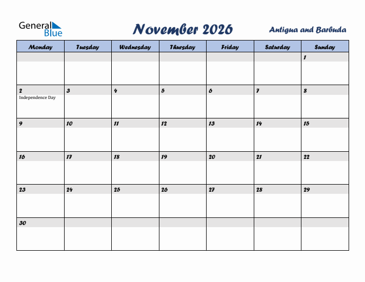 November 2026 Calendar with Holidays in Antigua and Barbuda