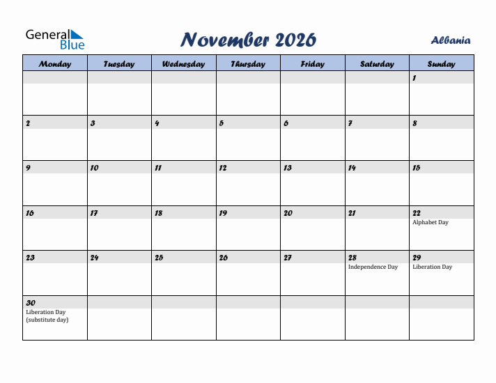 November 2026 Calendar with Holidays in Albania
