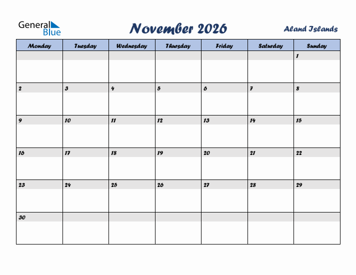 November 2026 Calendar with Holidays in Aland Islands