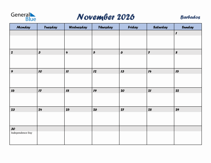 November 2026 Calendar with Holidays in Barbados