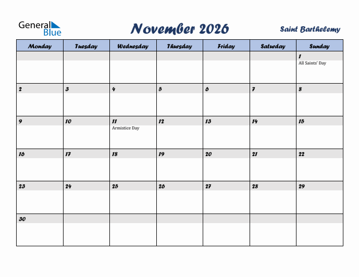 November 2026 Calendar with Holidays in Saint Barthelemy