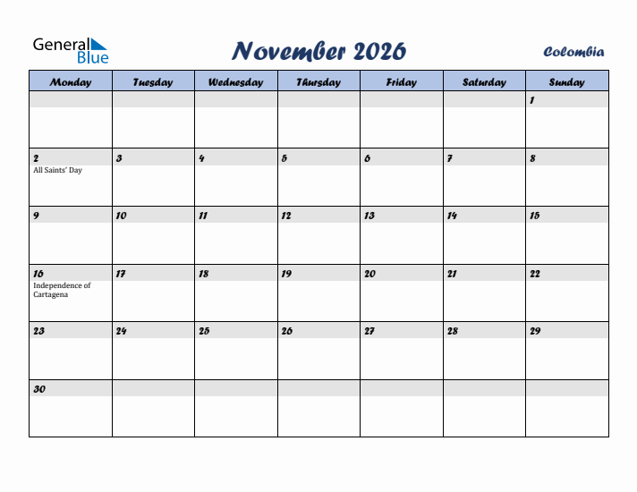 November 2026 Calendar with Holidays in Colombia