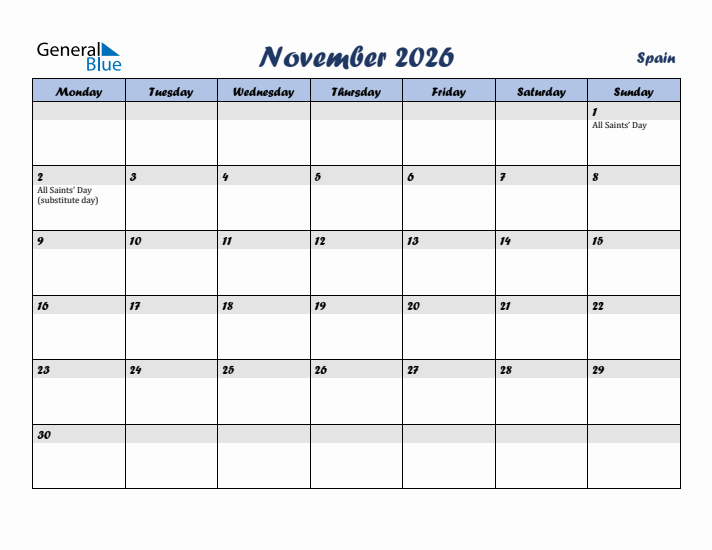 November 2026 Calendar with Holidays in Spain