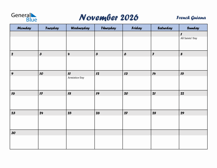 November 2026 Calendar with Holidays in French Guiana