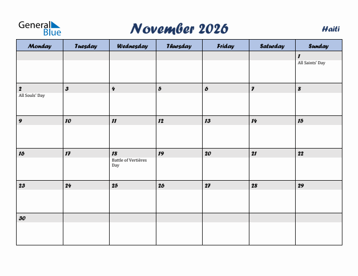 November 2026 Calendar with Holidays in Haiti