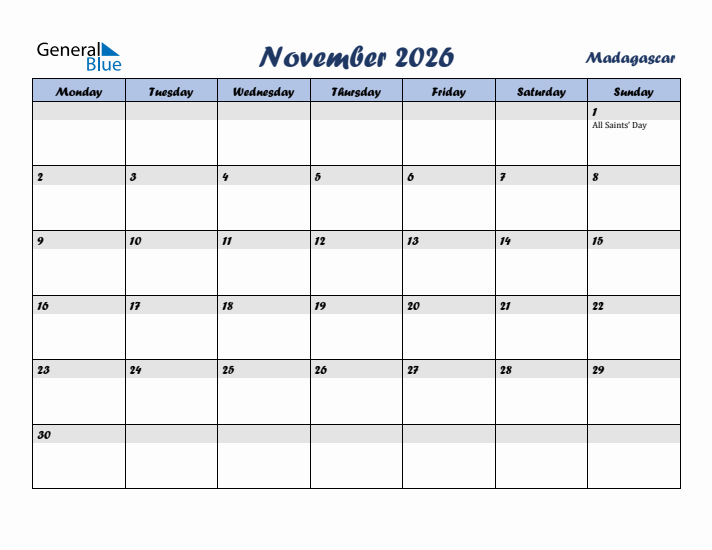 November 2026 Calendar with Holidays in Madagascar