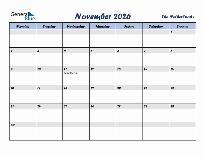 November 2026 Calendar with Holidays in The Netherlands