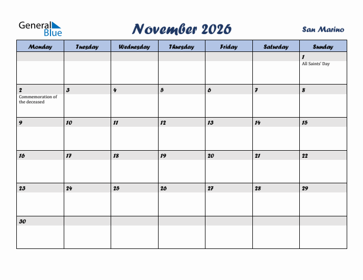 November 2026 Calendar with Holidays in San Marino