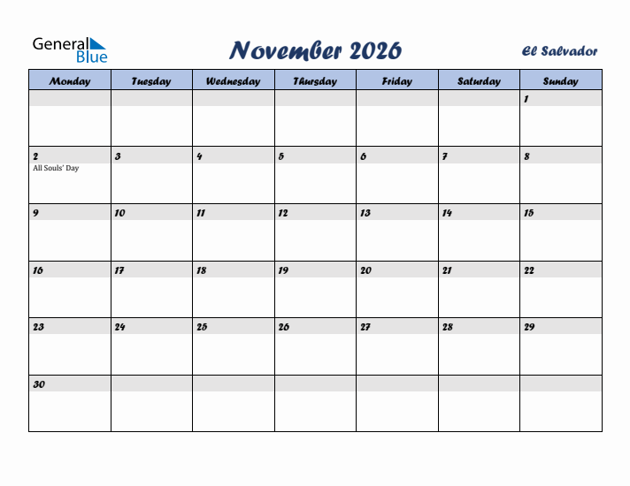 November 2026 Calendar with Holidays in El Salvador