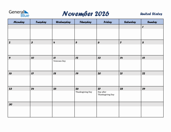 November 2026 Calendar with Holidays in United States