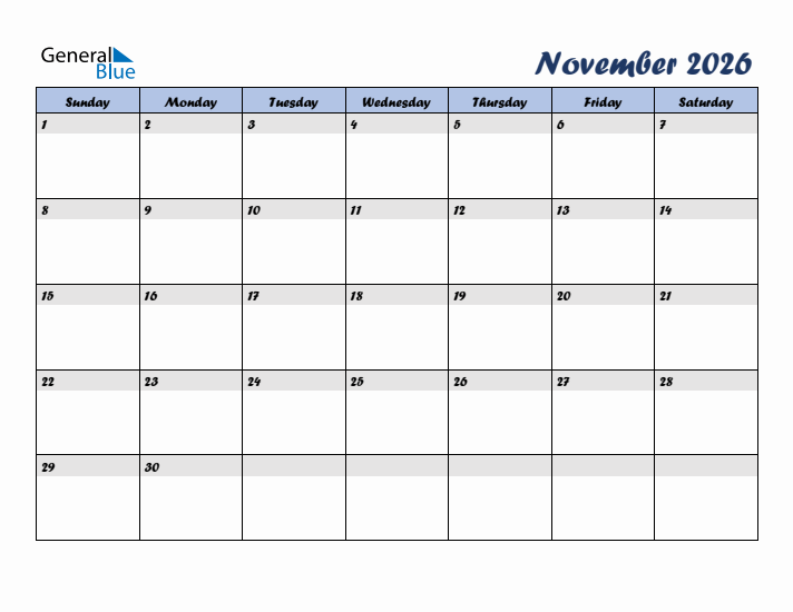 November 2026 Blue Calendar (Sunday Start)