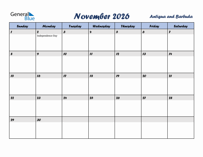 November 2026 Calendar with Holidays in Antigua and Barbuda