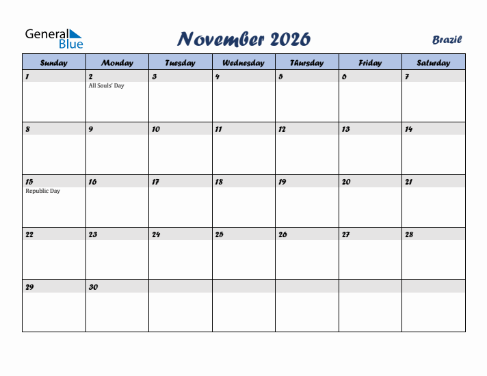 November 2026 Calendar with Holidays in Brazil