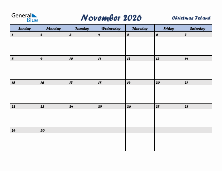 November 2026 Calendar with Holidays in Christmas Island