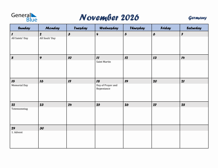 November 2026 Calendar with Holidays in Germany