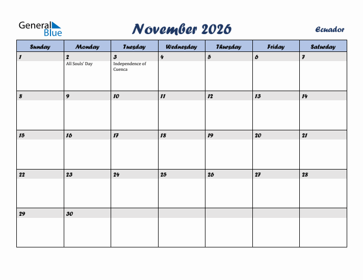 November 2026 Calendar with Holidays in Ecuador