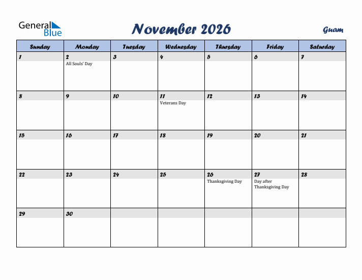 November 2026 Calendar with Holidays in Guam
