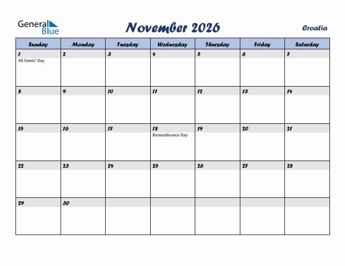 November 2026 Calendar with Holidays in Croatia
